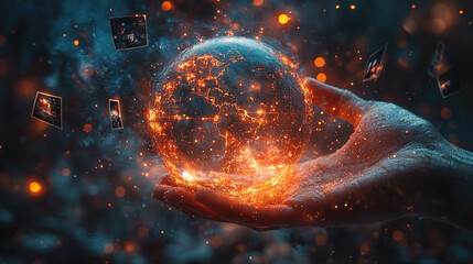 futuristic digital world concept featuring a hand holding a glowing digital globe, symbolizing technology, innovation, and the interconnectedness of the digital era