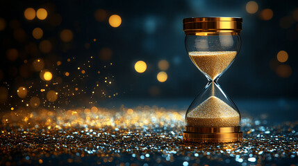elegant hourglass with flowing sand symbolizes the passage of time, impermanence, and the constant movement of life. It evokes reflection on mortality, change, and the importance of the present moment