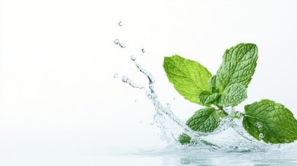 Fresh mint leaves in a water splash.