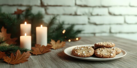 Naklejka premium Cookies on a plate with candles and autumn leaves, cozy atmosphere.