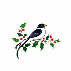 Fototapeta premium bird perched on holly branch with red berries, symbolizing winter