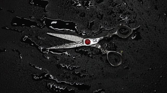 Professional steel barber scissors on black background with water drops moving. Hairdressing tool. Thinning shears scissors. Hair cutting accessories, hairdresser salon, barbershop concept. Flat lay.