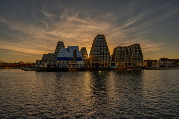 Papiroen in Copenhagen and modern houses in the sunrise