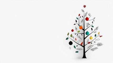 Fototapeta na wymiar Simple line drawing of Christmas tree with colorful ornaments and leaves
