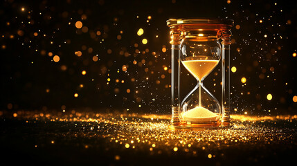 elegant hourglass with flowing sand symbolizes the passage of time, impermanence, and the constant movement of life. It evokes reflection on mortality, change, and the importance of the present moment