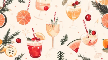 Festive Holiday Drinks Pattern with Cocktails, Cranberries, Oranges and Pine