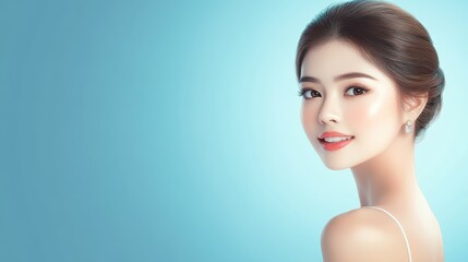Obraz premium A beautiful woman with flawless skin and a bright smile, standing against a peaceful blue background, perfect for skincare and beauty product text.
