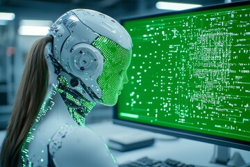 A humanoid robot analyzes green data on a computer screen in a futuristic lab setting