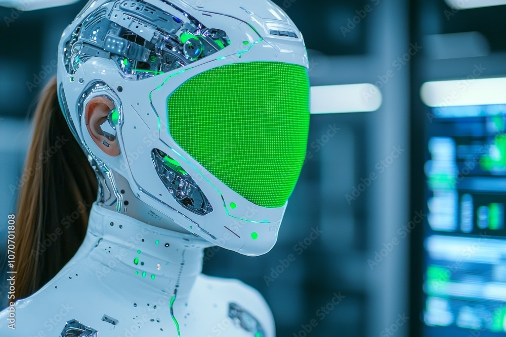 Poster futuristic humanoid robot with green digital display in a high-tech laboratory environment