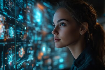 Young woman interacting with digital interface illuminated by technological displays at night