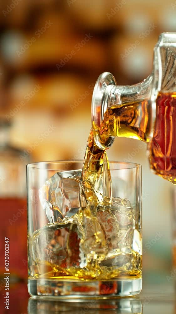 Poster super slow motion of pouring whiskey into glass. filmed on high speed cinema camera, 1000 fps. bar o