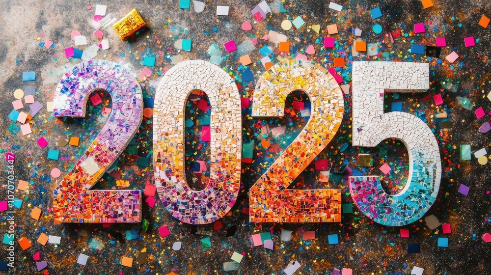 Poster mosaic tiles in rainbow and white creating the numbers 