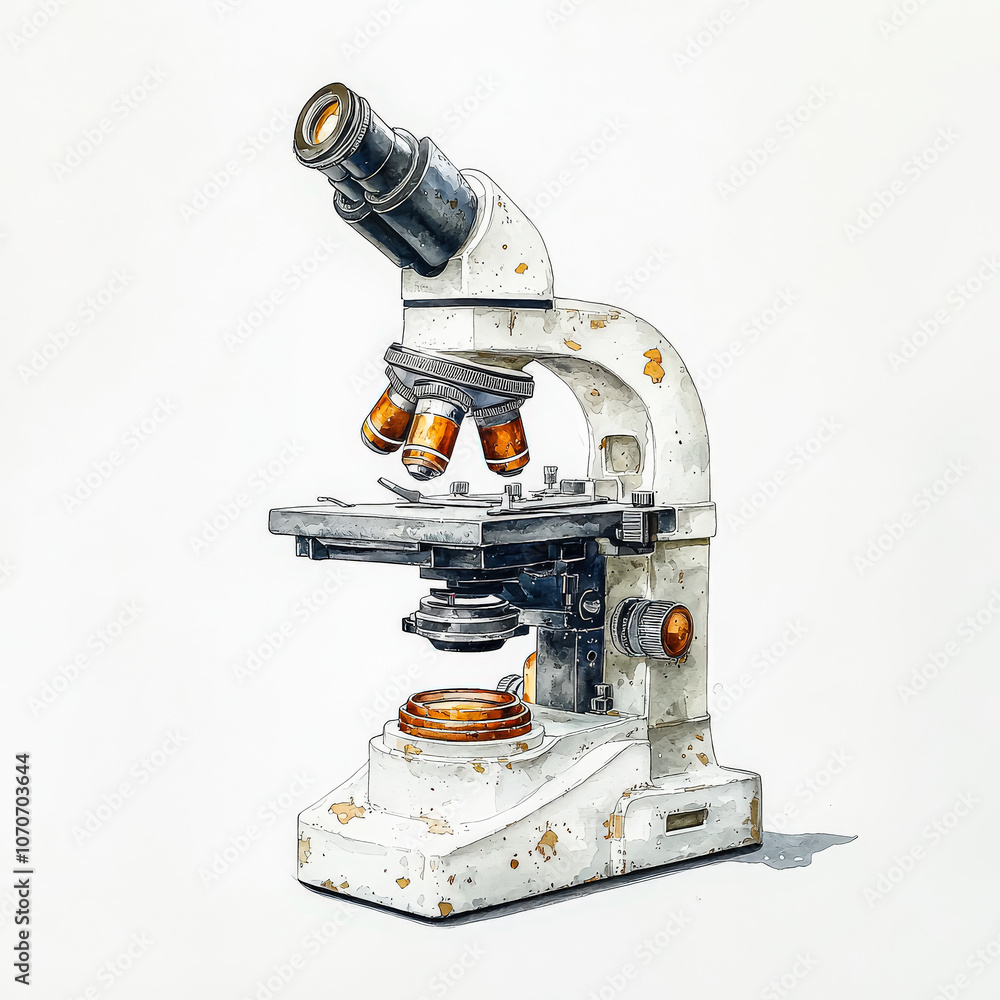 Poster close up of a microscope with a white background. the microscope is the main focus of the image, and