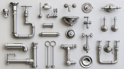 Collection of isolated plumbing elements including taps, washbasins, and pipes, ideal for bathroom construction