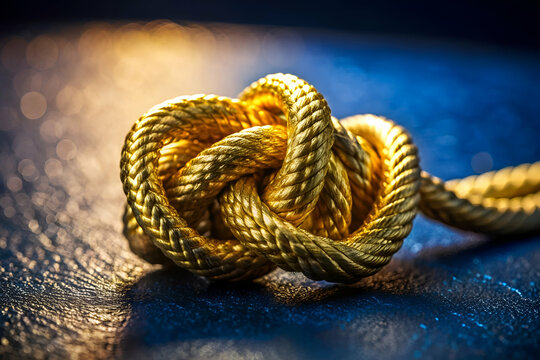 A close-up photograph of a beautifully tied golden rope knot against a softly lit background, showcasing intricate textures and details.