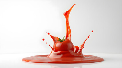 Ketchup flows from a fresh tomato. Conceptual composition of a tomato on a white background