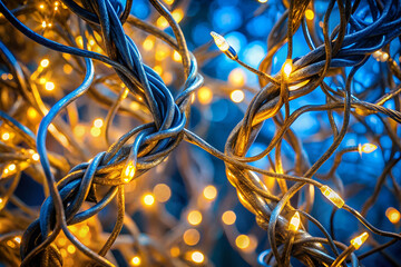 A close-up of tangled fairy lights glowing warmly against a cool blue backdrop, creating a whimsical and cozy atmosphere.