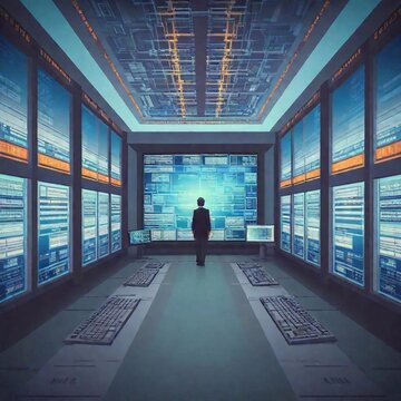 An establishing eye-level pixel art scene of a vast control room with multiple computer screens displaying intricate network diagrams, the entire room and every screen detailed in crisp, colorful pixe