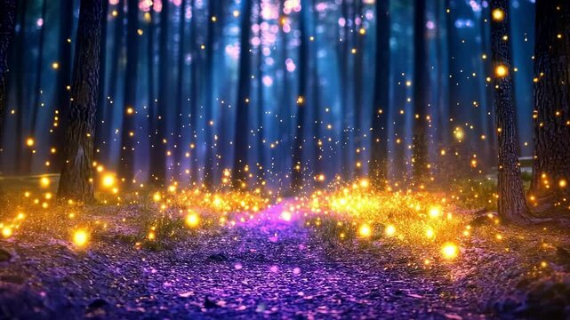 Enchanted forest pathway illuminated by magical glowing lights and glittering fireflies