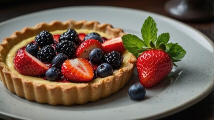 A delicious fruit tart topped with assorted berries on a plate, highlighting dessert presentation.