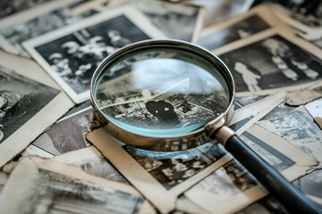 Exploring vintage memories through a magnifying glass surrounded by old photographs