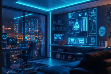 High-Tech Smart Home at Night with Glowing AI Control Panels, Wireframe Neon Connections, Aerial View of Connected Devices & Futuristic Gadgets