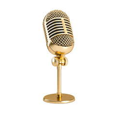 Vintage gold microphone isolated on white background, perfect for broadcasting or podcast themes, PNG