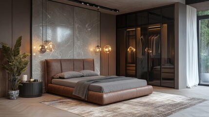 Modern Bedroom Interior Design with Leather Bed and Closet