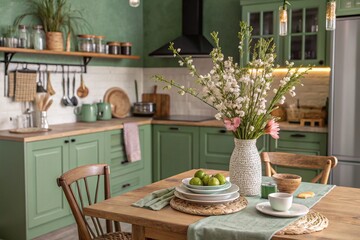 Green kitchen interior with furniture. Stylish cuisine with flowers in vase. Wooden kitchen in spring decor. Cozy home decor. Kitchen utensils, dishes and plate on table. kitchen island in dining room