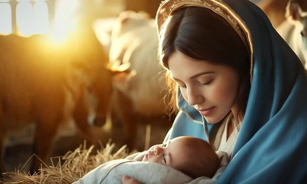 Virgin Mary in blue holding sleeping baby Jesus with barn with animals in the background. religious christian nativity scene with copy space
