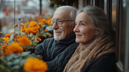 Fototapeta premium An elderly couple sits together by a window adorned with vibrant flowers, sharing warm smiles and moments of reflection in the autumn breeze, showcasing love and connection.
