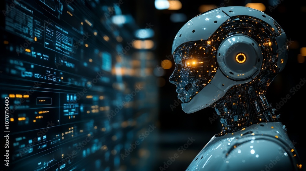 Poster a transparent ai head engages with data while processing customer inquiries in a digital environment