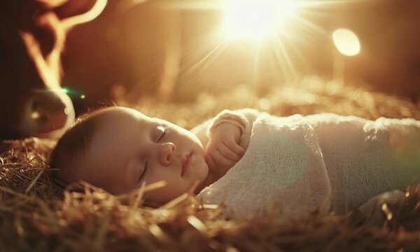 Newborn baby Jesus sleeps peacefully in a wooden manger on straw against the backdrop of a stable with animals, illuminated by divine rays of light. Religious scene Christmac. Nativity scene of Jesus