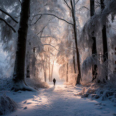 a lonely man walks through the winter forest