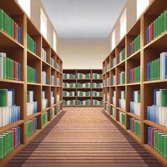 Obraz premium illustration of inside of dark large libary with no windows full of green shaded books floor to ceiling