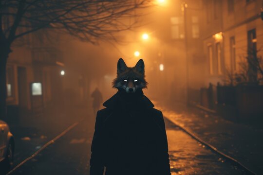 Mysterious fox mask figure in foggy night street scene
