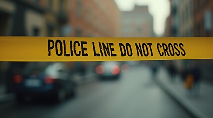 Yellow police line tape blocking city street scene