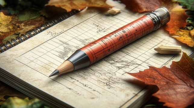 view of a notebook and pen among autumn leaves