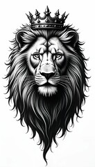 Obraz premium Prompt: A majestic lion's head with a crown, depicted in a black and white illustration style. The image evokes a sense of power, royalty, and strength.