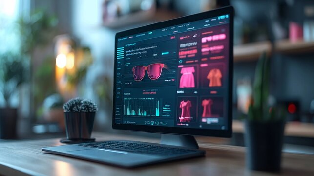 Virtual assistant technology display showcasing analytics and product options in a modern workspace