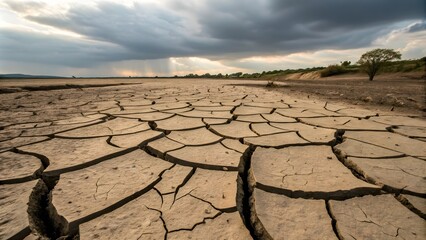 Cracked Earth Representing Drought and Environmental Impact , Drought Impact on Cracked Earth, Symbolizing Environmental Crisis