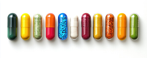 A colorful arrangement of various capsules, showcasing different sizes and textures, ideal for health and wellness contexts.