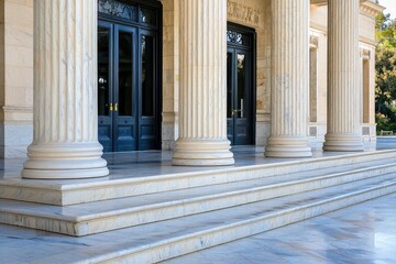 Fototapeta premium The image showcases a grand entrance with classical columns and polished marble steps, emphasizing architectural elegance and design.