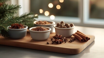Holiday spices on wooden board with festive bokeh lights