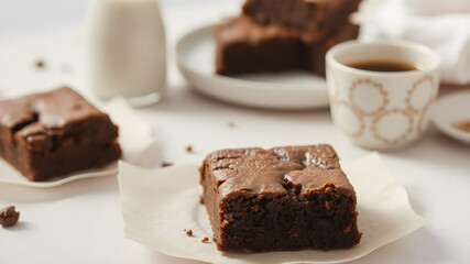 Dark chocolate espresso brownies, white and gray textured background. Baked