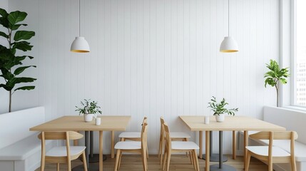 Fototapeta premium Cozy White Café with Comfortable Seating Corners