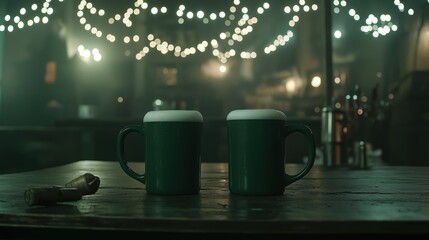 St. patrick's day celebration: green beer mugs in cozy pub ambiance