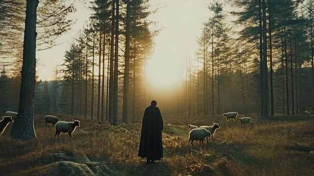 Shepherd in forest at sunrise searching for lost sheep