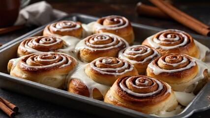 A tray of freshly baked cinnamon rolls topped with cream cheese frosting.