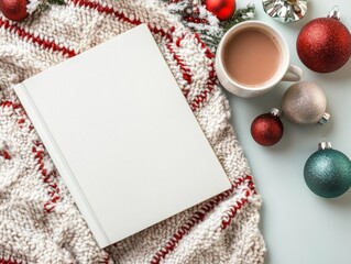 Blank book lying on a cozy Christmas blanket, next to holiday ornaments and a mug of hot cocoa, warm and festive feel